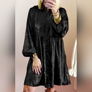NEW WITH TAGS XL Metallic Shiny Black Button Down Long Sleeve Dress